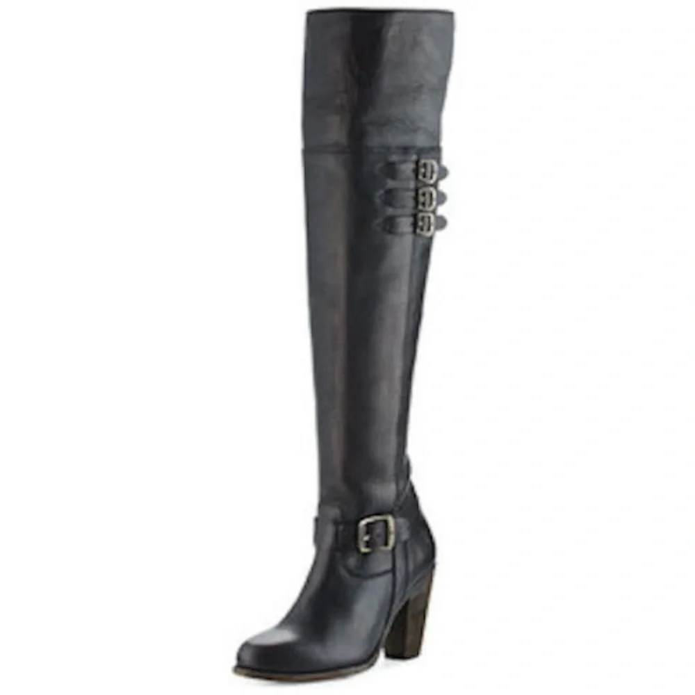 Frye Jenny Belted Over the Knee Black Leather Buckle Boots